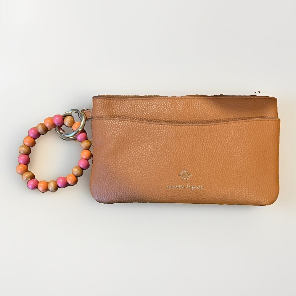 Nanette Lepore Wristlet Clutch Camel Pebbled Leather 8x5 Wood Bead Strap